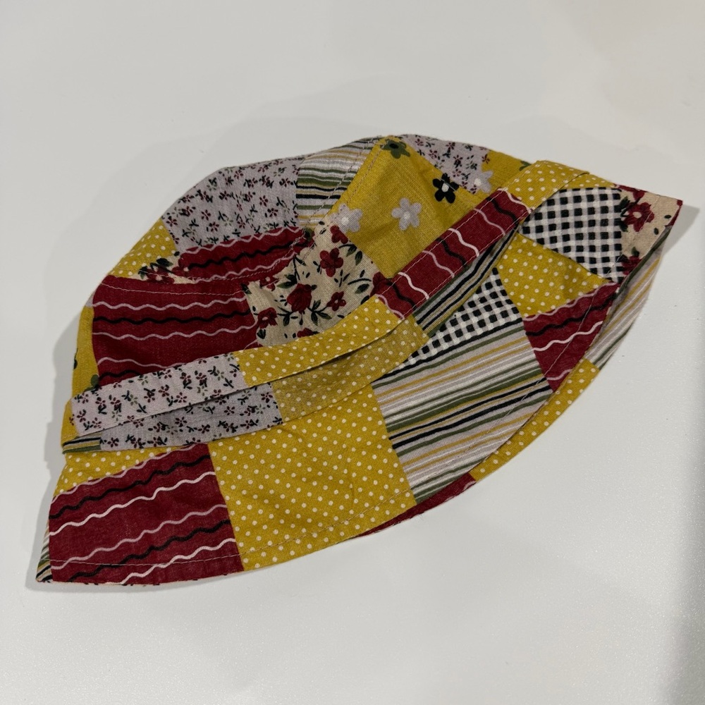 Y2K Vintage Twee Yellow Burgundy Red Patchwork Design Hipster Floral Bucket Hat - Picture 3 of 4